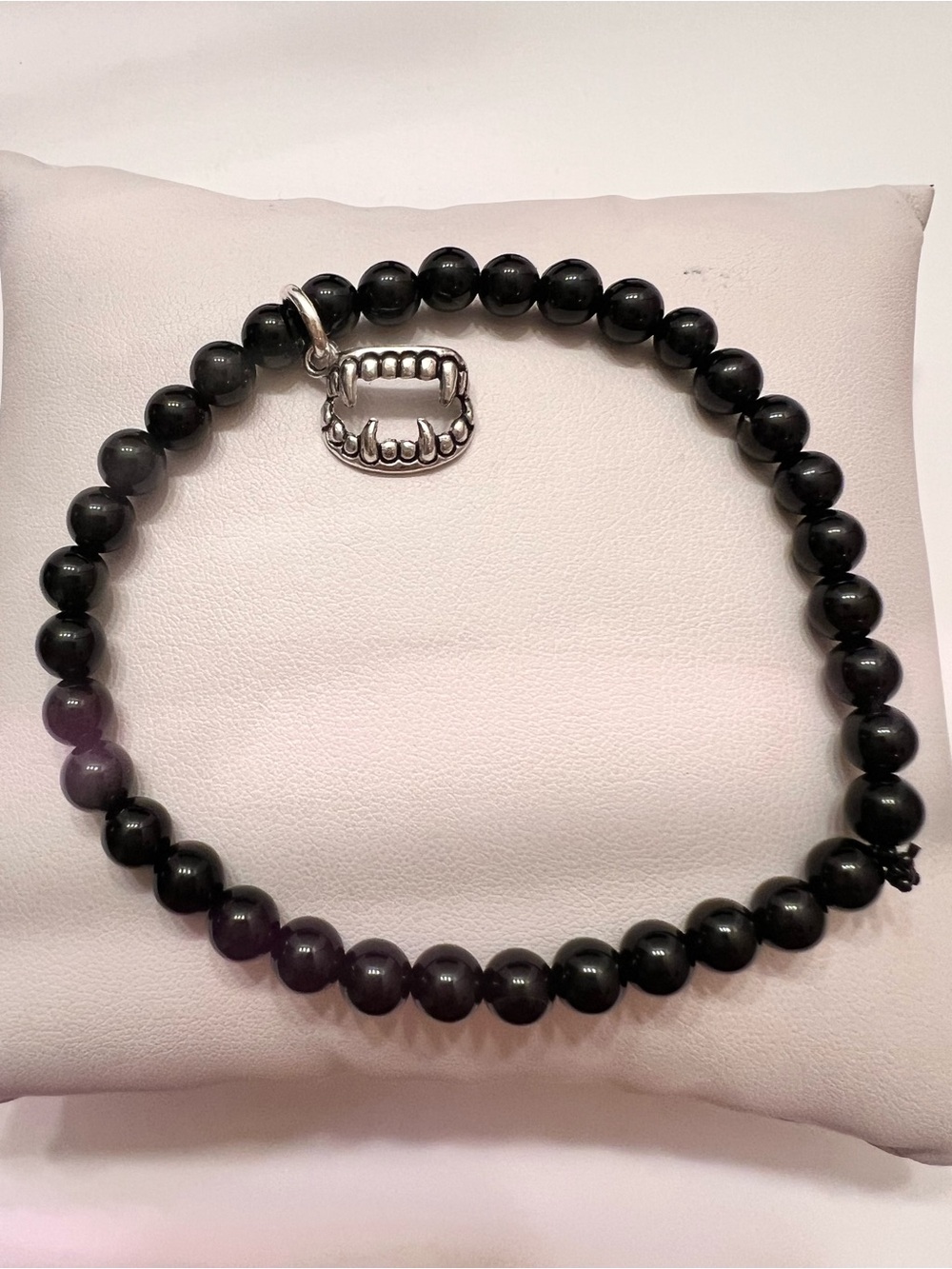 Black Beaded Stretch Bracelet with Silver Tooth Charm - Women Jewelry